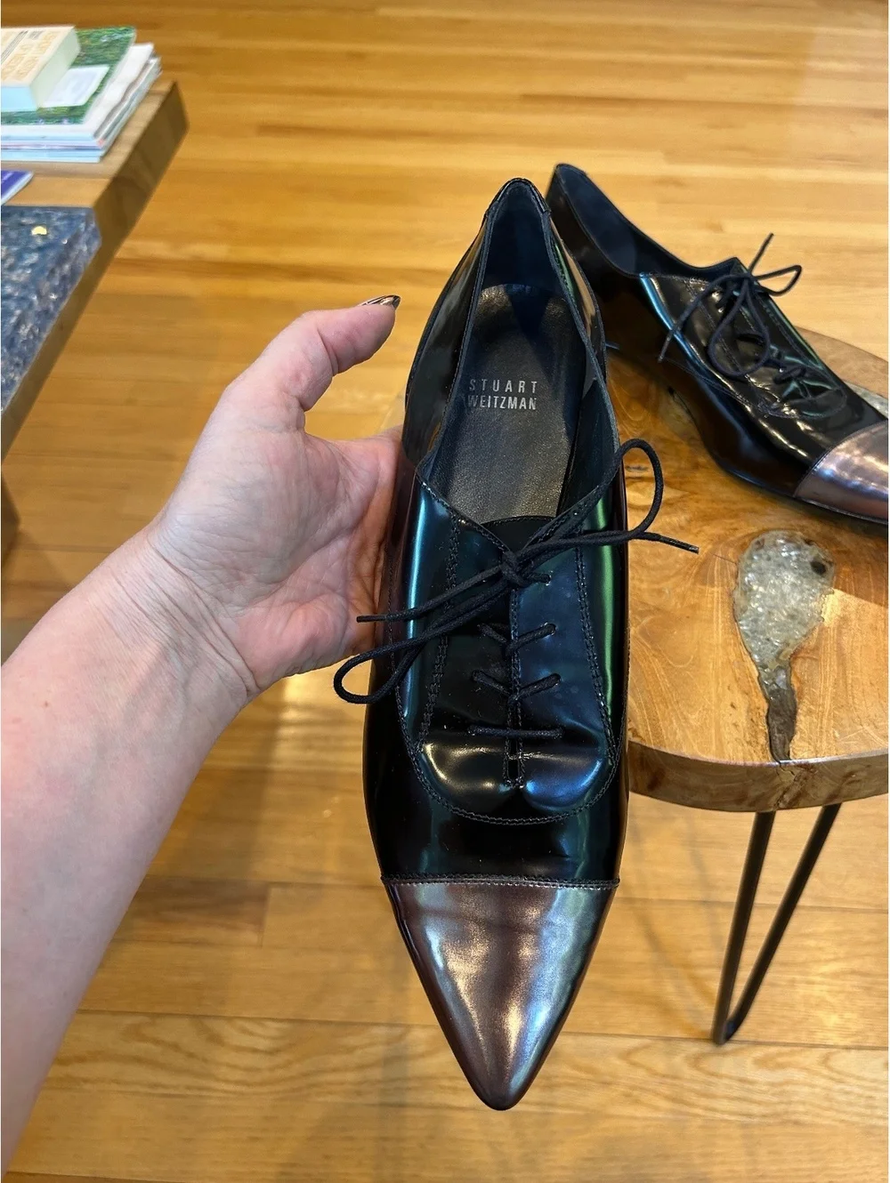 Stuart Weitzman Black Leather Pointed Toe Lace-Up Flats with Metallic Cap